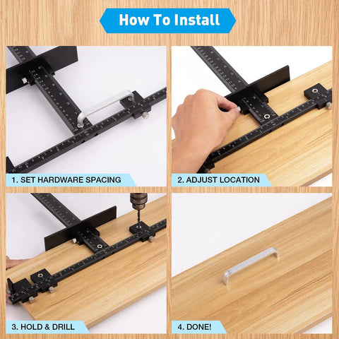 Cabinet Hardware Jig For Precise Drill Alignment And Install Guide showing step-by-step installation sequence on wood surface.