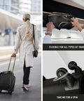 Woman walking with Chelsea Chevron Quilted Underseat Carry On Luggage Black With Gold Accent Zippers And Four Wheel Spinner 17 Inch