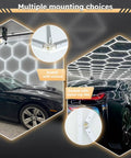 Hexagon Garage LED Lights Hexagonal Panel 6500K Daylight 5940LM Ultra Bright Ceiling Lighting For Workshops Basements And Warehouses Honeycomb Design And Energy Efficient Performance shown with multiple cars in a garage setting