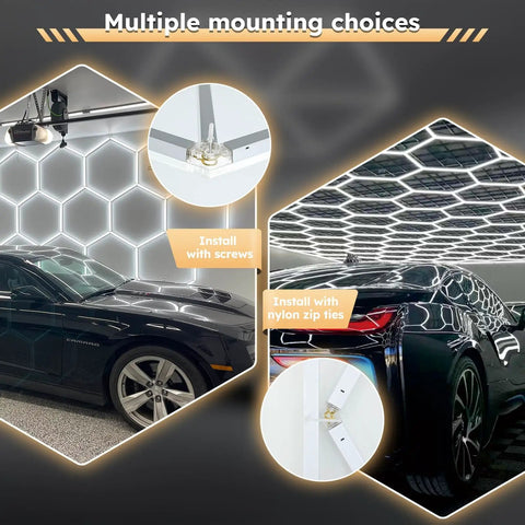 Hexagon Garage LED Lights Hexagonal Panel 6500K Daylight 5940LM Ultra Bright Ceiling Lighting For Workshops Basements And Warehouses Honeycomb Design And Energy Efficient Performance shown with multiple cars in a garage setting