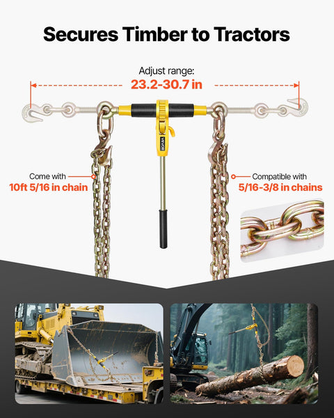 Beefy Ratchet Chain Binder Set Five Sixteenth Inch Ten Foot G80 Chains 8000 Lbs Working Load Heavy Duty Tie Down Gear for Logging