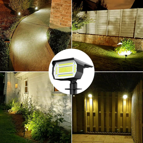Outdoor All Weather Solar Spot Lights 72 LED IP65 Waterproof Dusk To Dawn Landscape Spotlights 6500K Solar Wall Lights illuminating pathways and garden.