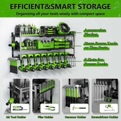 3 Layer Wall Mount Drill Organizer With 8 Slots Dope Tool Storage Rack for Garage, displayed with various tools and accessories