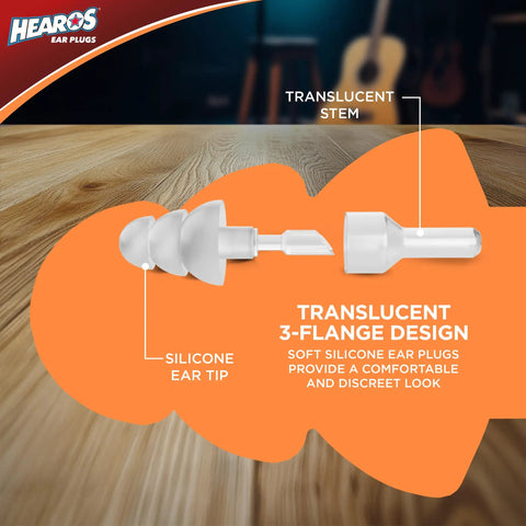 Flat Attenuation Ear Plugs For Music Lovers With Free Case NRR 12 Silicone Hypoallergenic Clear One Pair featuring silicone ear tip and translucent stem.