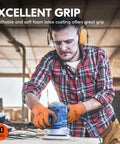 Worker using ANSI A3 Cut Resistant Gloves With Latex Rubber Coated Grip For Gardening, Construction And Warehouse Work, Durable All Purpose Hand Protection For Moving And Lifting, Plumbing And Logistics, Size Large Orange while operating a sander.