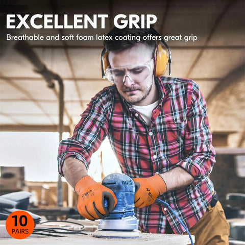 Worker using ANSI A3 Cut Resistant Gloves With Latex Rubber Coated Grip For Gardening, Construction And Warehouse Work, Durable All Purpose Hand Protection For Moving And Lifting, Plumbing And Logistics, Size Large Orange while operating a sander.