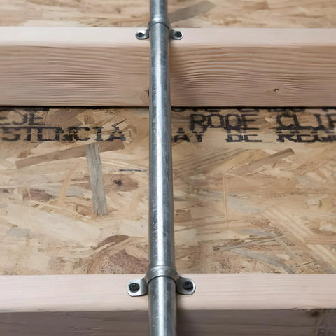 Installed 100 Pack 2 Hole 3 Quarter Inch Rigid EMT Pipe Straps, Heavy-Duty Zinc-Plated Steel Clips With Reinforced Rib on wood frame