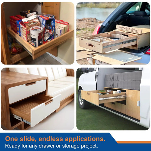36 Inch Soft Close Heavy Duty Drawer Slides With Full Extension, Ball Bearing, Side Mount, 265 Lb Load Capacity, installed in various settings