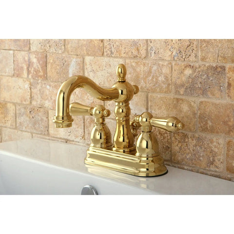 Heritage Classic 4-Inch Centerset Lavatory Faucet With Metal Lever Handle In Polished Brass, Deck Mount 3-Hole Installation, Drip-Free Washerless Cartridge, Includes Pop-Up Drain And Mounting Hardware