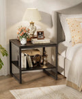 Premium Black Square End Table With Rich Wood Grain Finish Heavy Duty Frame And Cold Beer Mini Fridge Stand in bedroom setting.