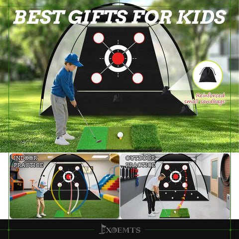 Backyard Golf Net 10x7ft With Tri-Turf Mat Ball Target And Bag used by kids for indoor and outdoor practice