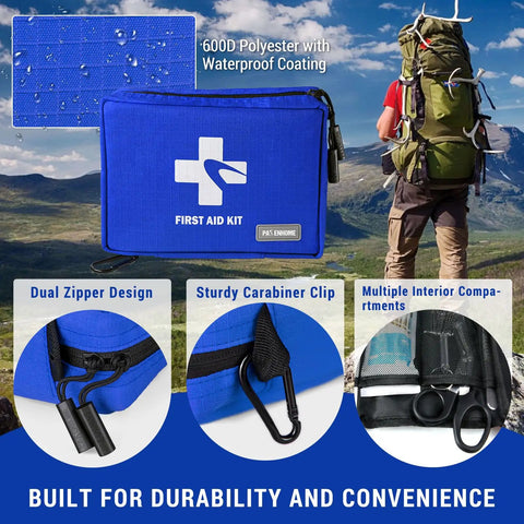 Grab And Go Compact Waterproof First Aid Kit With Nine Organized Compartments 300 Piece Emergency Supplies Set for outdoor use.