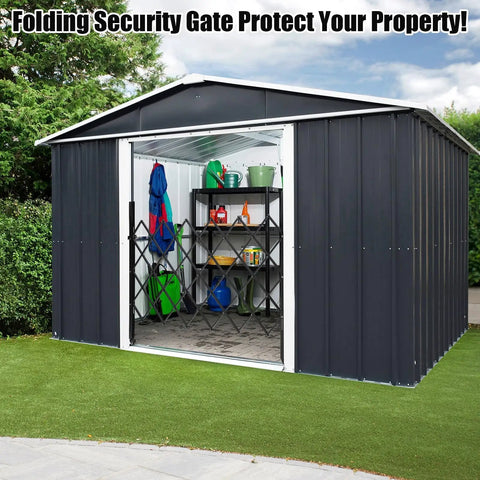 Rock Solid Steel Accordion Security Gate 61 By 71 Inch Expandable Barriers with smooth swivel casters securing a garden shed.