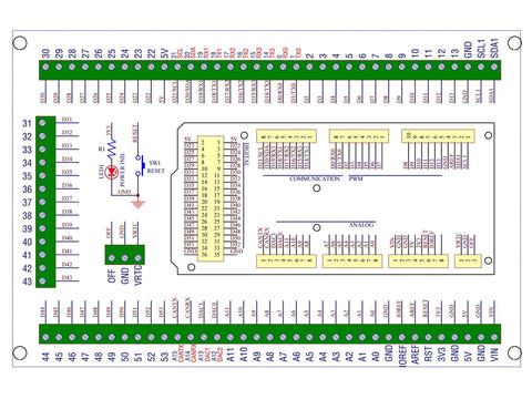 GIGA R1 WiFi Terminal Block Adapter Module for Industrial Control, DIN Rail or Screw Mount, Plug-and-Play GPIO Breakout Board, Standard Version With A0 to A11 and D0 to D53 Ports pin layout diagram