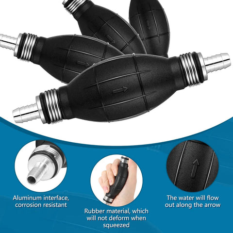 Four Pack Black Primer Bulb Rubber Fuel Transfer Siphon Hand Pump For Marine Gas Lines And Outboard Engines, 5/16 Inch 8mm Fittings, Durable Aluminum And NBR Construction, showing multiple angles and features.