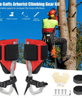 Pro Grade Tree Climbing Spikes Kit With Adjustable Steps, heavy duty gear for arborists, displayed with accessories and tree climbing scene.