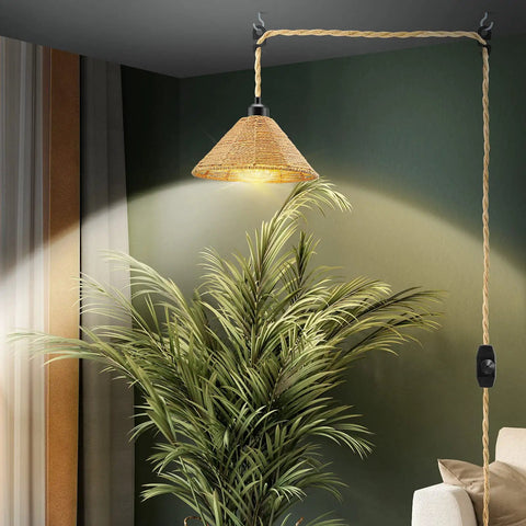 Boho Plug In Pendant Light With Dimmable Bulb And Switch, Hand Woven Hemp Rope Farmhouse Pendant Fixture, 15 Foot Cord, lit over a plant