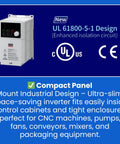 Compact M100 Series Variable Frequency Drive VFD 0.1 kW 1 eighth HP display with safety certifications on blue background