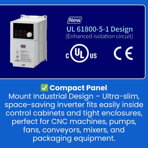 Compact M100 Series Variable Frequency Drive VFD 0.1 kW 1 eighth HP display with safety certifications on blue background