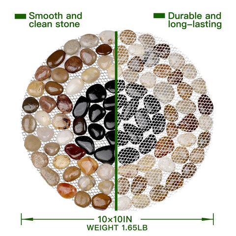 Six Piece River Rock Stepping Stone Mat Set, 10 Inch Round Polished Pebble Pavers, showing smooth, durable stones