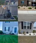 Four garden scenes featuring Faux Stone Look Landscape Edging Border 17Ft Long, 2.75In Tall Garden Border For Flower Beds, Lawn And Yard, No Dig Install And Anchoring Spikes For Easy Setup, Gray.