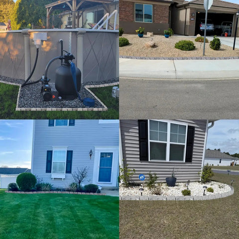 Four garden scenes featuring Faux Stone Look Landscape Edging Border 17Ft Long, 2.75In Tall Garden Border For Flower Beds, Lawn And Yard, No Dig Install And Anchoring Spikes For Easy Setup, Gray.