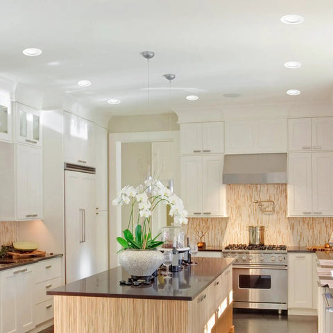 Modern kitchen with Ultra Slim 4 Inch LED Recessed Lighting Kit 4 Pack, 9W Each, Energy Star, IC Rated, White Finish ceiling lights
