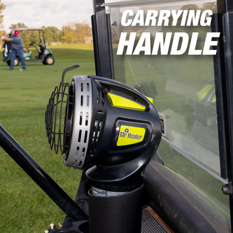 Portable 4000 BTU Radiant Propane Heater For Golf Carts Heats Up To 100 Sq Ft With A 1 Lb Cylinder mounted on golf cart