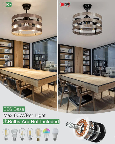 20 Inch Bladeless Ceiling Fan With Lights Remote App Control, Modern Vintage Design in dining room, both on and off mode