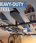 Adjustable Ceiling Ski And Snowboard Rack For Overhead Storage Double Sided Heavy Duty Steel Mount holds skis and snowboards