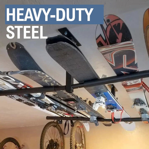 Adjustable Ceiling Ski And Snowboard Rack For Overhead Storage Double Sided Heavy Duty Steel Mount holds skis and snowboards
