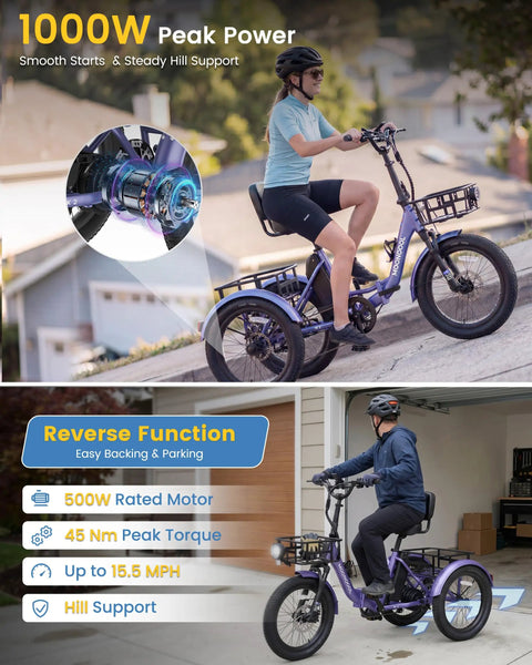 500W Electric Tricycle For Adults With 20 Inch Fat Tire Folding Trike, Three Wheel Stability With Rear Differential, Front Suspension And Hydraulic Disc Brakes, Easy Ride For Beginners And Seniors in use