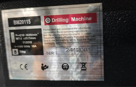 Label of 17 Inch ForedstWest Floor Drill Press 1.5Hp Motor With 16 Speeds showing specifications and safety instructions.