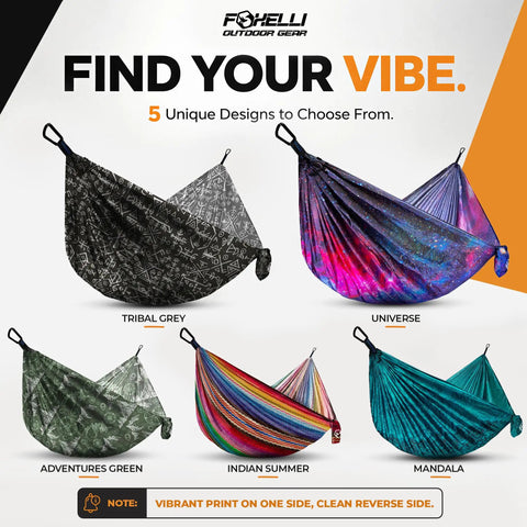 Five Ultralight Two-Person Camping Hammocks For Backpacking And Festivals, Easy Setup, in various colors and designs.