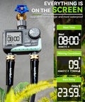 Two Zone Garden Hose Water Timer With Rain Delay And Manual Watering, display showing time settings and rain delay