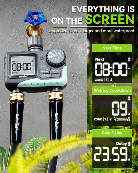 Two Zone Garden Hose Water Timer With Rain Delay And Manual Watering, display showing time settings and rain delay