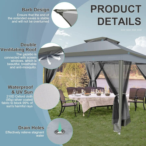 12x12 Ft Pop Up Gazebo Canopy Tent With Sandbags And Portable Carry Bag shown with mesh sides and dining setup, waterproof fabric details