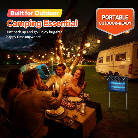 Camping scene with Go To Outdoor Dual Solar Panel Mosquito Zapper With 4500V Insect Killer IPX5 Waterproof next to table.