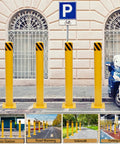 Street with Beefy Yellow Bolt Down Safety Bollard Post 36 Inch Steel Barrier Pillars and scooter against a parking sign