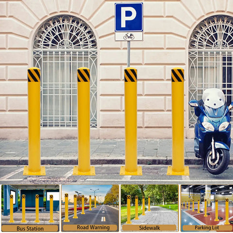 Street with Beefy Yellow Bolt Down Safety Bollard Post 36 Inch Steel Barrier Pillars and scooter against a parking sign