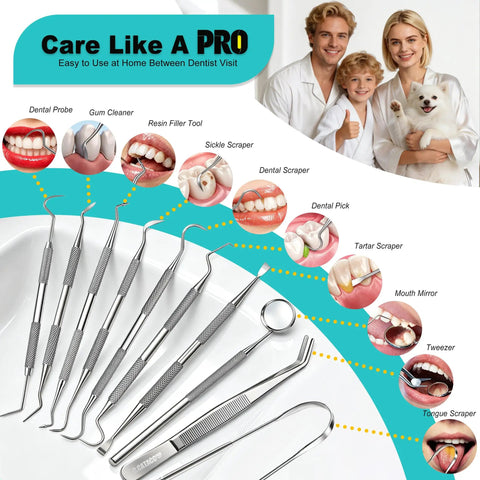 10 In 1 At Home Dental Tools Set For Pro Grade Deep Plaque And Tartar Removal With Mirror, Tweezers, Tongue Cleaner, Scrapers