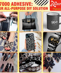 Collage of uses for T-7000 Black Adhesive Glue 3 Pack 50ml Waterproof Bond For Precision Repairs including electronics and crafts