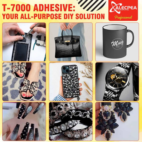 Collage of uses for T-7000 Black Adhesive Glue 3 Pack 50ml Waterproof Bond For Precision Repairs including electronics and crafts