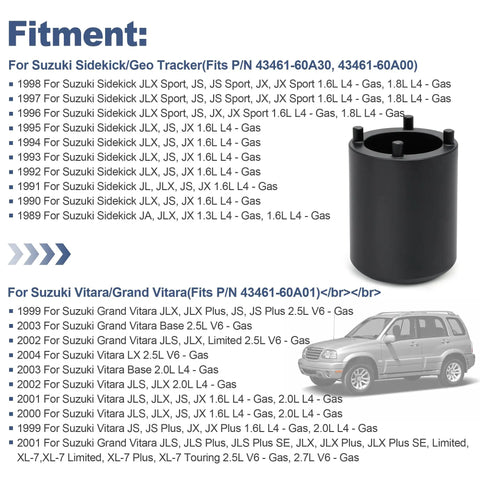 Pro Grade Front Wheel Axle Hub Bearing Lock Nut Tool Socket Wrench For Suzuki 4x4s Sidekick Geo Tracker Grand Vitara 1989 1998 1999 2003 Half Inch Drive With 4 Pin Grip For Easy Removal And Re Tightening shown with fitment list and vehicle illustration