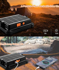 Portable Solar LED Work Light 100W With 336 LEDs in outdoor camping setup showing solar charging and power bank feature