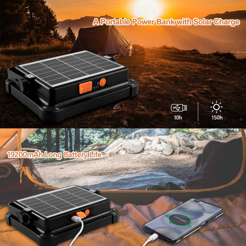 Portable Solar LED Work Light 100W With 336 LEDs in outdoor camping setup showing solar charging and power bank feature
