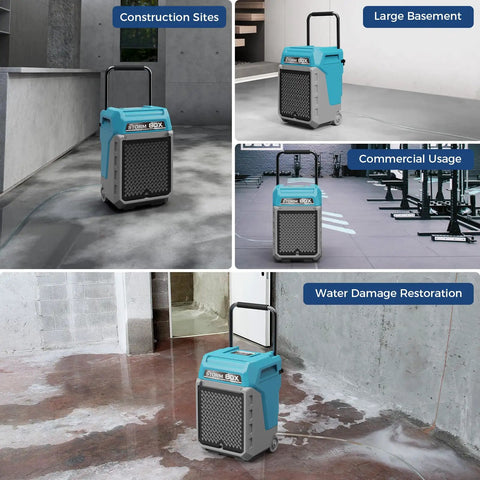 Heavy Duty Commercial Dehumidifier With Built In Pump, used in construction sites and large basements for moisture removal.