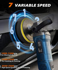 Person using Powerful 1600W Buffer Polisher for Cars on vehicle surface, 7 variable speeds, detachable handle, smooth operation
