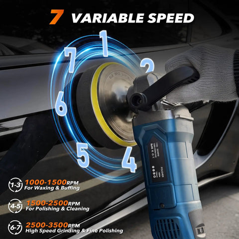 Person using Powerful 1600W Buffer Polisher for Cars on vehicle surface, 7 variable speeds, detachable handle, smooth operation
