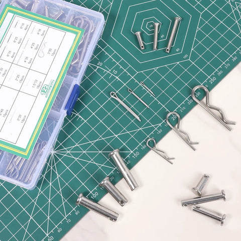 Premium 304 Stainless Steel Clevis Pin And Cotter Pin Kit Heavy Duty 122 Pieces with box and pins on green grid surface